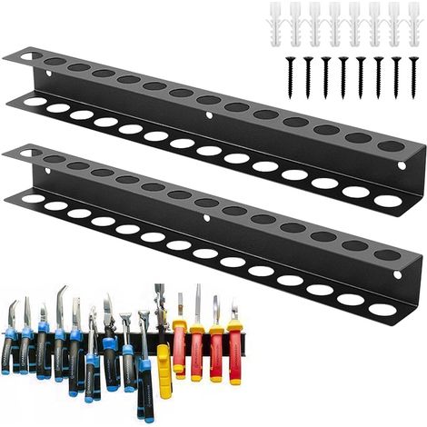 2 Stück Werkzeughalter Wand, 40cm Schraubenzieher Halterung, Werkzeug Wandhalterung 14 Löcher, Zangenhalter Schraubendreher Halter für Garage, Werkstätten, Werkbänke, Schwarz