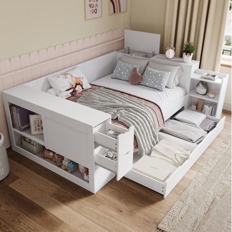Letto per ragazzi 140x200 cm in MDF bianco con contenitore, senza materasso – MEUBLIV (1/5)