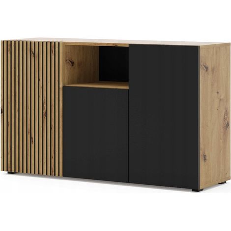 Commode de rangement Meuble Noir/Chêne artisanale 135x42x82cm AURIS 3D C Sideboard (1/5)