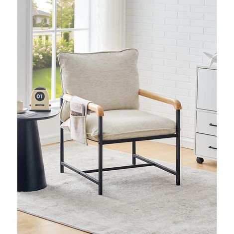Loungesessel aus Baumwoll-Leinen, moderner Sessel mit Armlehnen, Beige (1/5)
