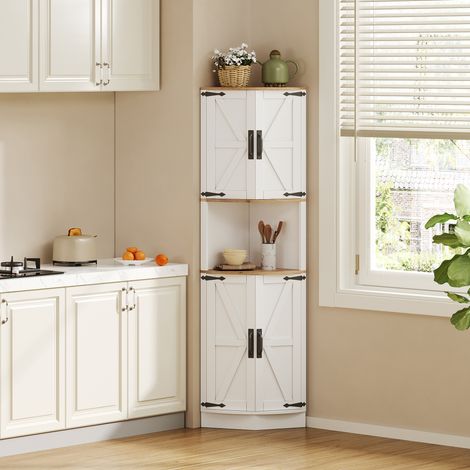 Buffet vaisselier d'angle 180 cm blanc meuble d'angle cuisine colonne de rangement 4 portes 1 niche (1/5)