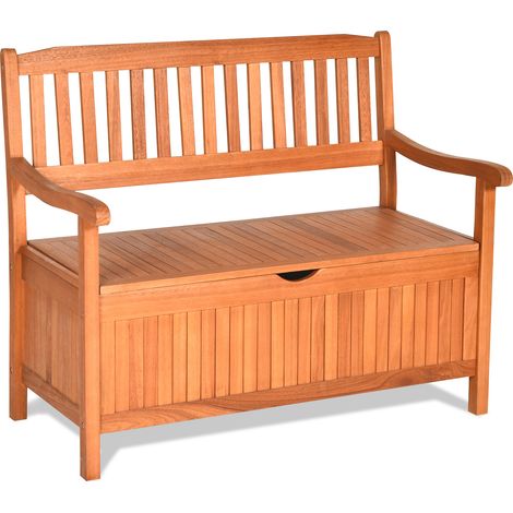 Banc de rangement en bois d’eucalyptus couleur teck 125 L avec sac intérieur, dessus rabattable, accoudoirs incurvés pour terrasse, jardin et véranda (1/5)