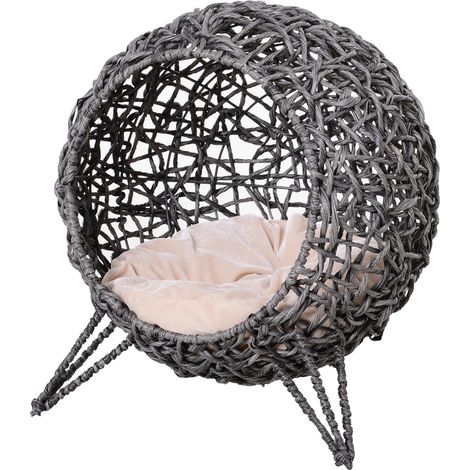 Maison pour chat en rotin avec coussin, lit pour chat, niche pour chat avec pieds surélevés, gris argenté, Ø52 x 58 cm (1/5)