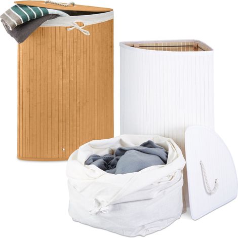 Relaxdays 2x Laundry Baskets, Bamboo Clothes Separator System, Hamper, 64L, Linen Bag, 65 x 49.5 x 37 cm, White/Natural (1/5)