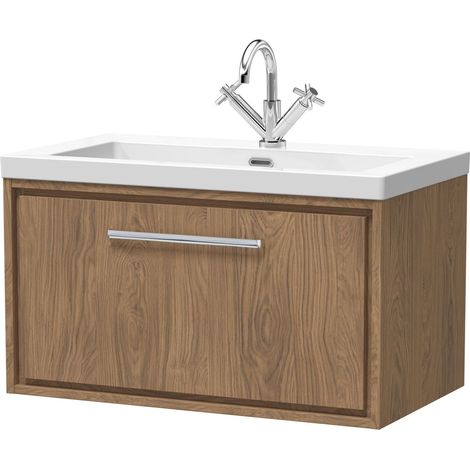 Longnor 1 Drawer Wall Hung Vanity Unit with 1 Tap Hole Modern Fireclay Basin, Antique Oak, 800mm