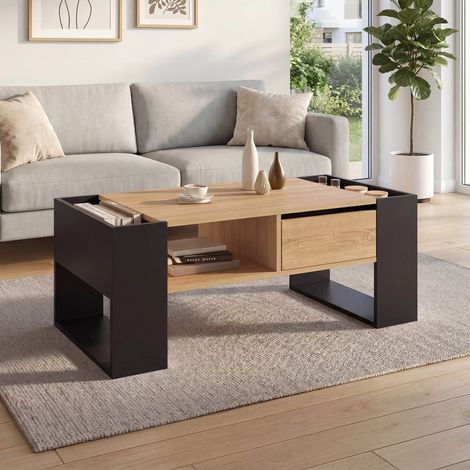 Mesa de centro rectangular BERYL con cajón de madera negra y efecto haya