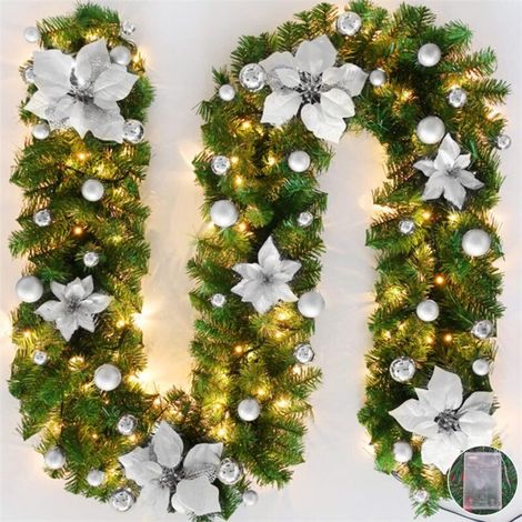 Guirlande de Noël LED 2.7 m, Couronne Artificielle en Rotin à Suspendre pour Porte d'Entrée, Cheminée, Escaliers, Décoration (Argent) (1/5)