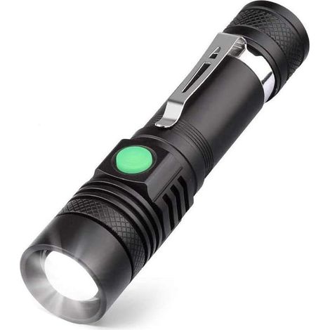 Lampe Torche LED Rechargeable USB, Lampe de Poche 600 Lumens, IP65 Étanche, 4 Modes Eclairage, Lampe de Poche Zoomable pour Ménage, le Camping, La Randonnée, D'urgence (Batterie Incluse) (1/5)