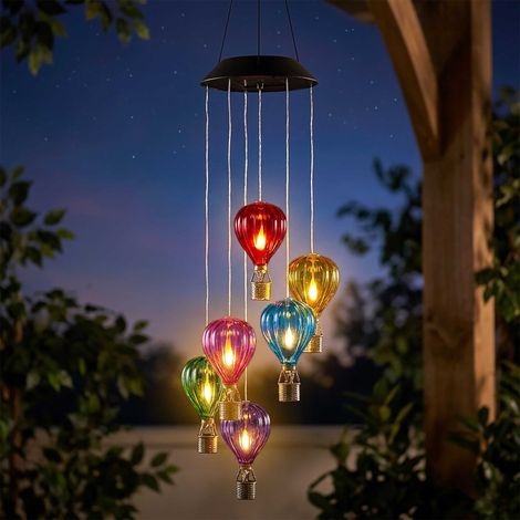 Solar Windspiel mit 6 bunten Heißluftballons beleuchtet mit Flammeneffekt - 80 x 17 cm - Garten Lichtspiel 36 LED mit Flammen Effekt