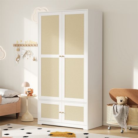 Armoire Penderie - H180xL90xP48 cm - 2 Portes en Rotin Tressé avec Tringle et Étagères Style Bohème Chic en MDF - Blanc (1/5)