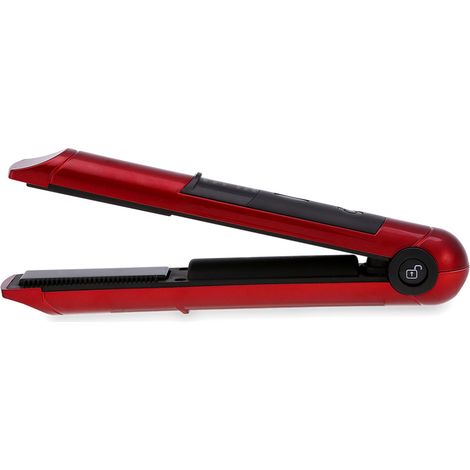 Lisseur et boucleur de cheveux sans fil rechargeable rouge, fer à friser et lisser portable, appareil de coiffage 2-en-1, outil de mise en beauté à batterie. (1/5)