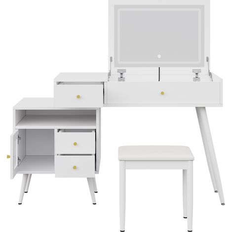 Coiffeuse classique avec miroir LED, plateau extensible, 3 éclairages, avec tabouret, MDF blanc - L120 x H77,5 x P50 cm (1/5)
