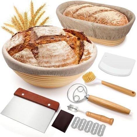 Brot Gärkorb Set, Gärkörbchen zum Brotbacken, 23cm Rund & 25cm Oval Brotkörbchen, 100% natürlichem Rattan, inkl. Teigschaber, Leineneinsatz, Teigrührer & Brot Lahm Professionelles Brotbackzubehör (1/5)
