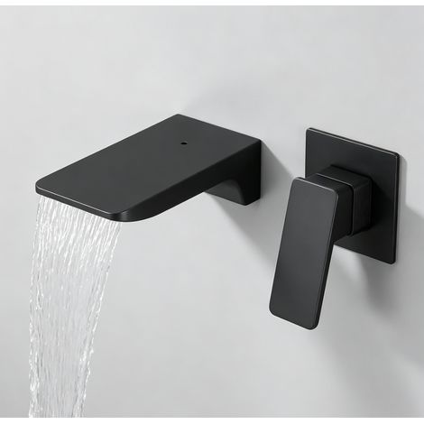 Robinet de Lavabo Encastrable Mural Cascade Noir Mat en Laiton - Mitigeur Chaud/Froid Bi-Matière Séparable à Bec Large pour Vasque (1/2)