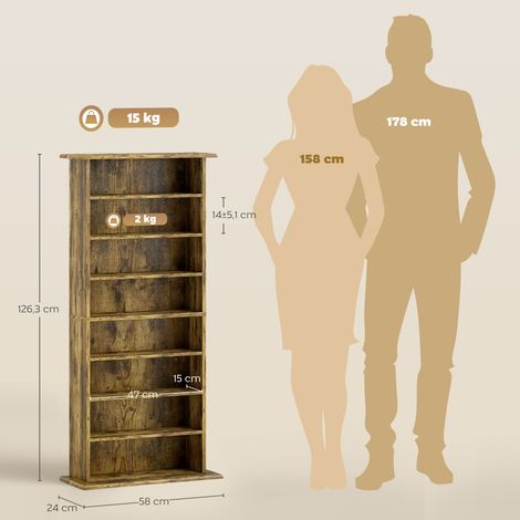 Rangements pour CD et DVD avec 8 compartiments et 6 étagères réglables, capacité max. 360 CD/185 DVD et Blu-ray, marron (1/5)