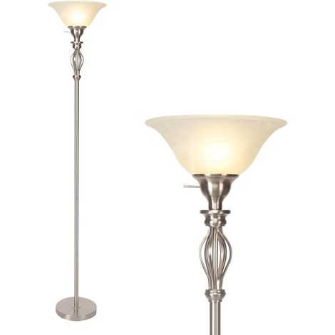 Lampes de sol Torchiere pour le salon et la chambre - Lampe sur pied avec design de lampe de sol d'angle - Volute en fer 70 pouces de hauteur Abat-jour en verre d'albâtre (Nickel brossé) (1/5)