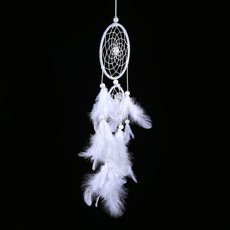 Carillon éolien attrape-rêves blanc style indien perles et pendentif plume décoration murale ou de fenêtre (1/5)