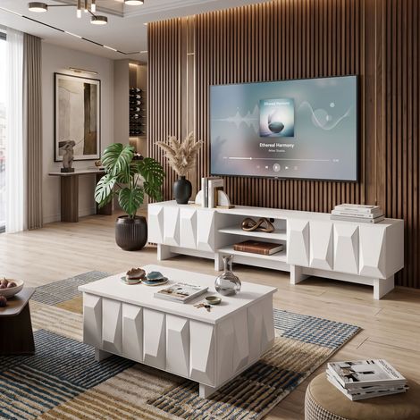 Creahappy Ensemble Meuble TV 180 cm et Table Basse 95 cm - Rangement Géométrique Salon Moderne - 4 Portes et Niches - Blanc (1/5)