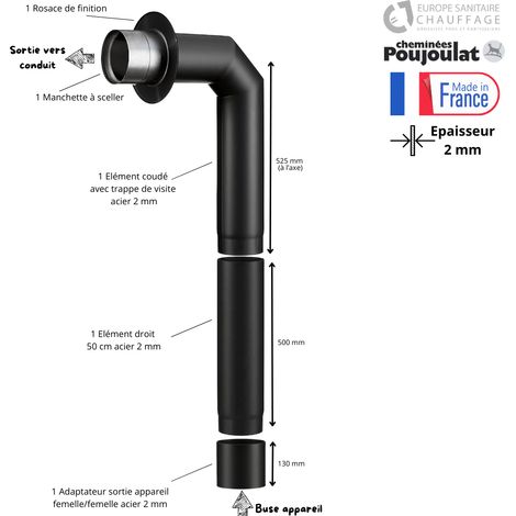 Poujoulat – Kit complet de fumisterie acier 2 mm – Longueur 50 cm – Diamètre 130 mm – Adaptateur femelle/femelle pour poêle à bois