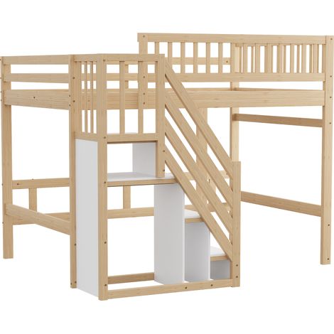 Lit en bois massif 140x200, escalier avec armoire, haute barrière, lit enfant ado, cadre bois massif, couleur bois, sans matelas (1/5)