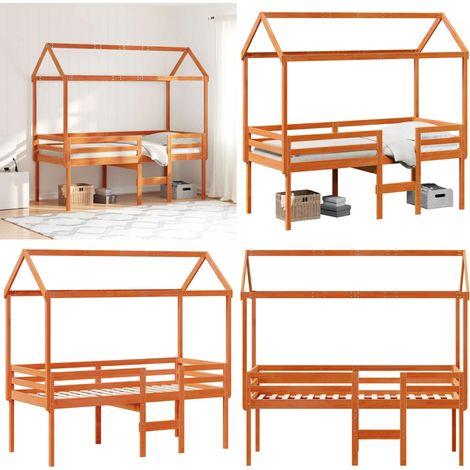 Letto a Soppalco con Tetto Cera 75x190cm Legno Massello di Pino - Letto con tetto - Letto con tetto in legno