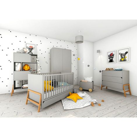 Vollständiges Schlafzimmer mitwachsendes Bett 70x140 Wickelkommode und 2-türiger Schrank Bellamy Lotta Grau (1/5)