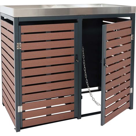 2x copribidoni box spazzatura rifiuti con fioriera HHG-787 84x134x124cm metallo WPC marrone