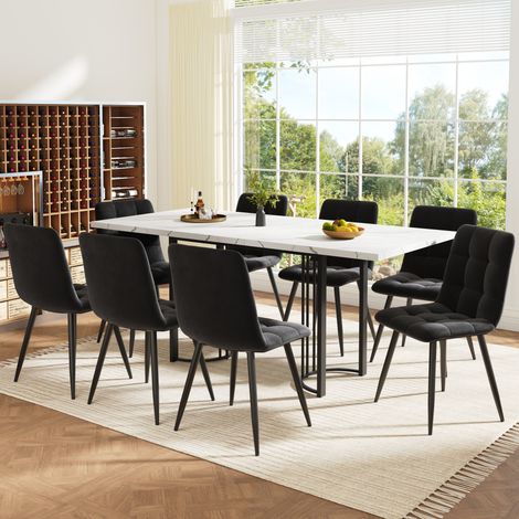 Set da pranzo 140-179.5x80x75.5 cm, tavolo allungabile, 8 sedie, struttura in metallo, MDF e velluto nero e bianco (1/5)