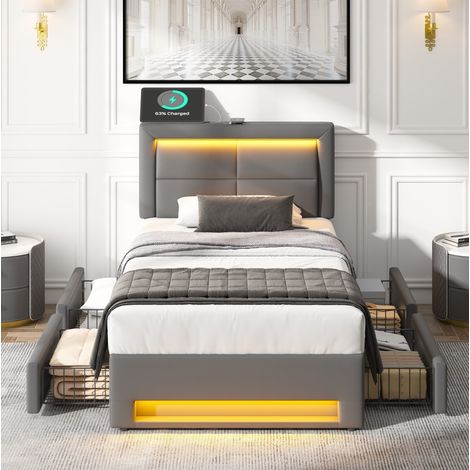 Cama tapizada moderna 90x190 cm en PU gris con cabecero, USB carga inalámbrica, LED y 4 cajones (1/5)