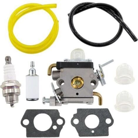 Carburador con junta, manguera de combustible y bujía para desbrozadoras Husqvarna 122C, 122LDX y 122LK. Sustituye a las piezas con números 581734301 y 574386701. (1/5)
