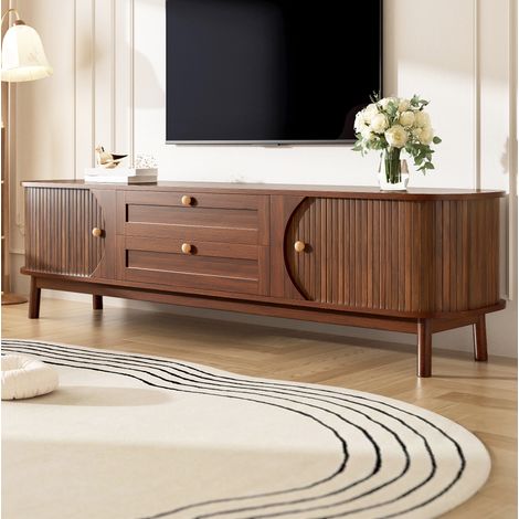 MODFU – Mueble TV 170x39,5x46 cm de MDF nogal con puertas correderas, cajones y compartimentos – Nogal (1/5)