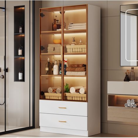 Armoire de salle de bain 75 cm blanche en MDF avec éclairage, portes vitrées et tiroirs (1/5)