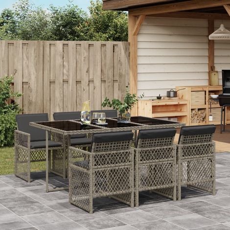 Set comedor jardín 7 pzas y cojines ratán sintético gris vidaXL