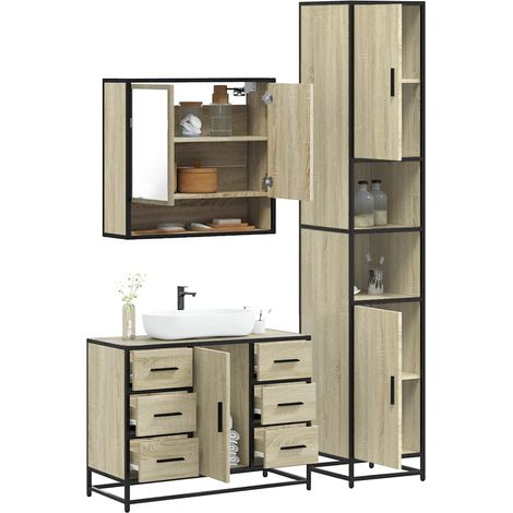Ensemble meubles de salle de bain 3 pièces avec miroir et meuble lavabo chêne sonoma, 89.24kg - PANGIVO (1/5)