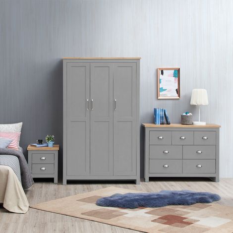 3 Piece Bedroom Set Grey 3 Door Wardrobe 3+2+2 Chest Of Drawers 2 Drawer Bedside Table Oak Top (1/5)