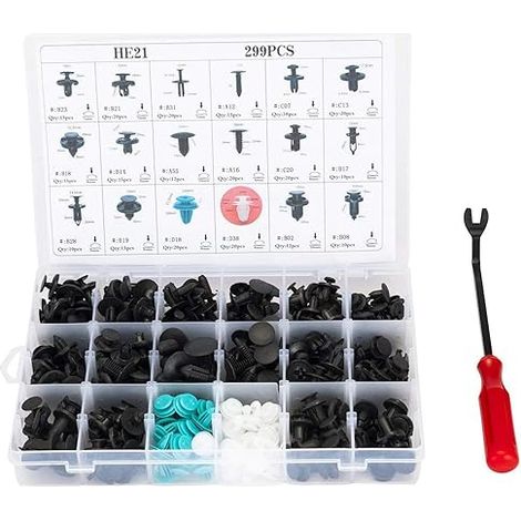 Attache de carrosserie auto, coffret 299 pièces en nylon, 18 tailles, avec rivets poussoirs et outil de montage, pour pare-chocs, ailes et fixations. (1/5)