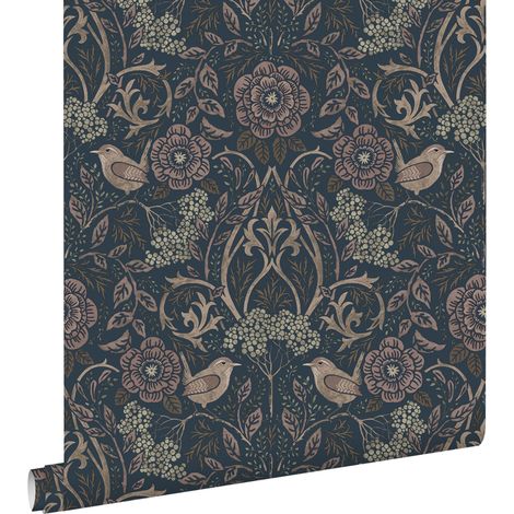 papier peint fleurs et oiseaux bleu foncé et vieux rose - ESTAhome (1/5)