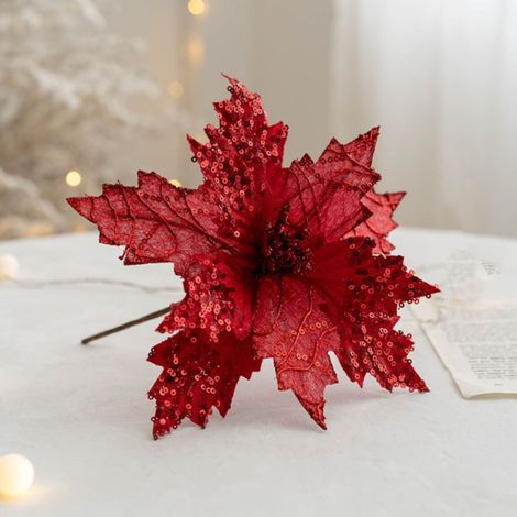 Fleur Artificielle - Décoration Arbre De Noël - Flanelle Pailletée - 20 Cm - Rouge (1/4)