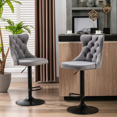 Tabourets de bar lot 2 velours gris capitonnés pivotants hauteur ajustable dossier inclus, adaptés cuisine îlot maison pub 46x40x95-115,8cm (1/5)