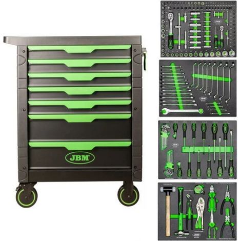JBM 54389 Cassettiera verde a 7 cassetti con utensili 172 Pz.