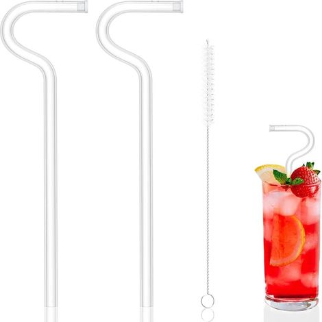 (2 Strohhalme + 1 Reinigungsbürste) Original wiederverwendbarer Glasstrohhalm, flötenförmiges Design zum horizontalen Anlegen an die Lippen, faltenfrei.