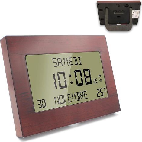 Horloge Réveil Numérique Murale Radiopilotée - Calendrier Date Jour et Heure - 6 Langues - Accroche Murale ou sur Pied - 20 x 12 CM (1/5)