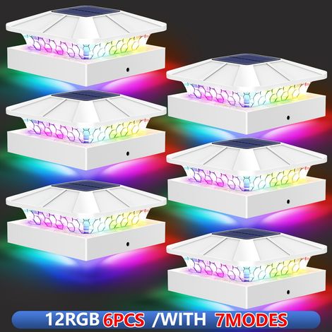 Lot de 6 Lampes Solaires RGB pour Poteau, Éclairage Extérieur Solaire 12 LED avec 7 Modes, Lumière RGB Multicolore + Blanc, IP65 Étanche, Lampe de Jardin pour Pilier, Clôture, Terrasse, Porche, Patio (1/4)