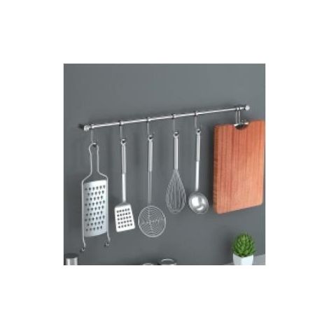 Crochets pour vêtements en acier inoxydable 304, trous percés, crochets pour tringle de cuisine, ensemble de crochets de cuisine - 400 mm + 7 crochets (1/4)