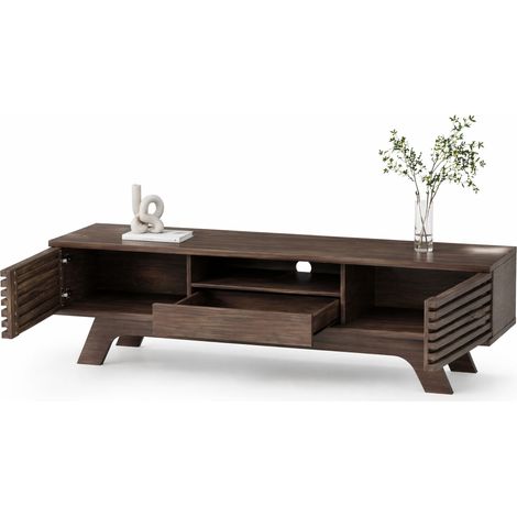 Meuble TV 150 cm avec 1 tiroir, 2 portes à lames bois, rangements ouverts et style vintage, panneau de particules, bois clair, idéal pour le salon CHICFURN (1/5)