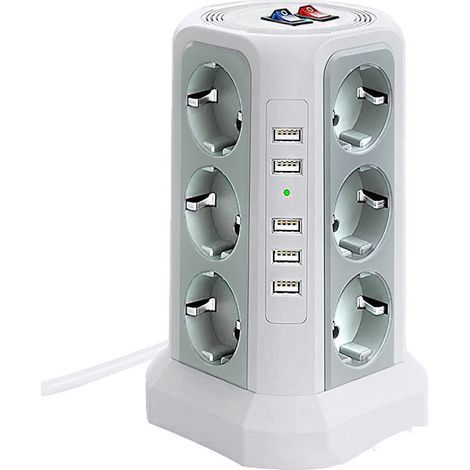 Überspannungsgeschützter Steckdosenturm. Steckdosenleiste mit 5 USB-Anschlüssen und 12 Steckdosen. Steckdosenleiste mit 3 Schaltern. Weiß. (1/3)