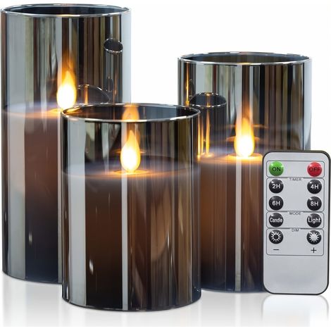 Bougies LED avec télécommande et minuteur – Fonctionnant sur piles – Lot de 3 – Gris (1/4)