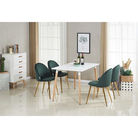 Halo Lucia Dining Set - Mesa de comedor de madera blanca y juego de 4 sillas de comedor de terciopelo verde - Comedor Cocina (1/5)
