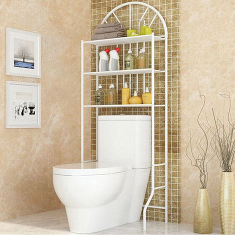 Étagère de Toilettes, Étagère au-Dessus de la Toilette ou Lave-Linge à 3 Niveaux, Étagère de Rangement pour Salle de Bain, Toilettes, WC en Métal Laqué, Blanc (1/5)