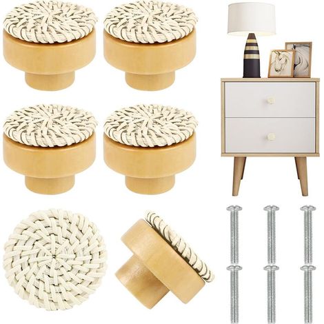 Lot de 6 boutons de porte, 40 x 30 mm / 1,57 x 1,18", boutons en bois, boutons ronds de style vintage en rotin pour meubles, avec vis, pour commode en bois, boutons de porte, poignées d'armoire (beige (1/4)